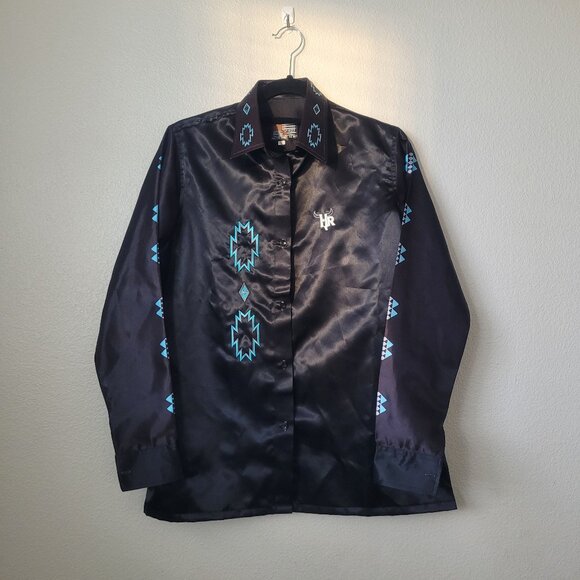 Hero Rodeo Tops - Hero Rodeo Women's Black/Blue Satin Western Button Up Shirt Size L